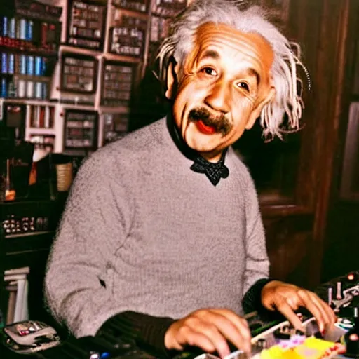 Image similar to color photograph of Albert Einstein DJ at a nightclub, in color, color photograph, colors