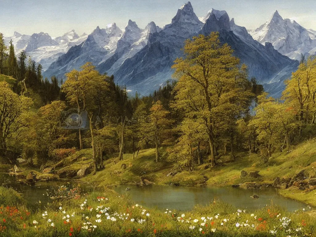 Prompt: a detailed painting of a majestic wilderness in switzerland in spring by caspar david friedrich, high detail, snow capped mountains reflecting on a lake, wildflowers,