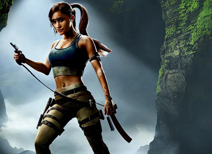 Image similar to film still of!!!! ariana grande!!! as lara croft in new tomb raider movie, 8 k