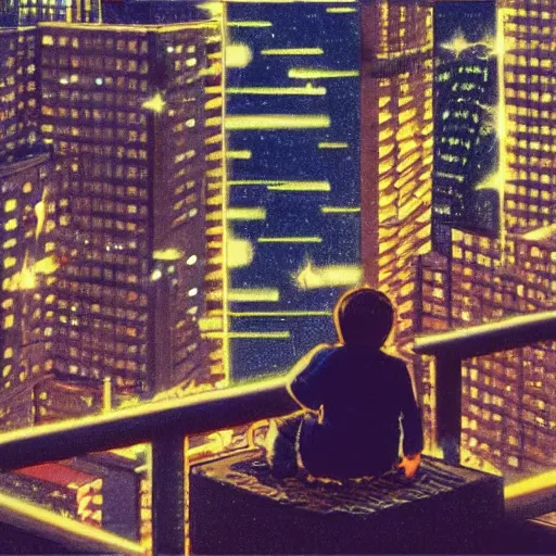 Image similar to a kid in a big city, sits on rooftop, watches a beautiful night full of stars and tech buildings, by satoshi kon and basil gogos