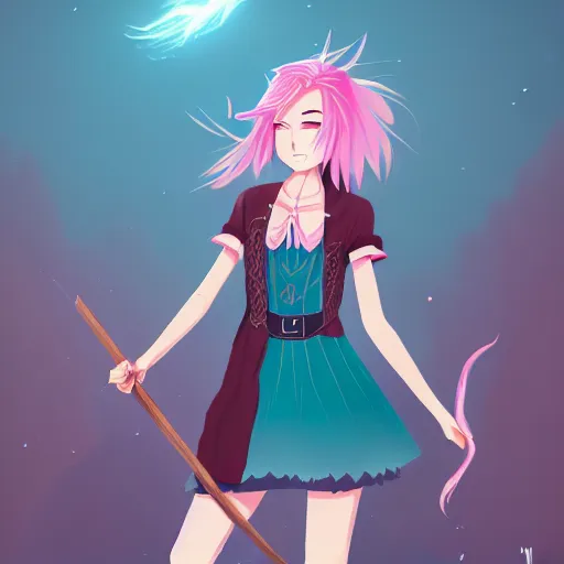 Image similar to A young adult witch with a cottage-core aesthetic with rose-colored hair and teal clothing, Nobutaka Ike, character design, fantasy, 8k resolution