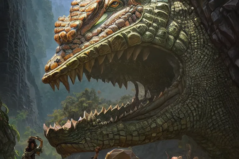 Image similar to the giant crocodile god stone statue, deep focus, d & d, fantasy, intricate, elegant, highly detailed, digital painting, artstation, concept art, matte, sharp focus, illustration, hearthstone, art by artgerm and greg rutkowski and alphonse mucha