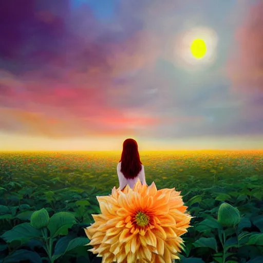 Image similar to giant dahlia flower as head, full body girl standing in a flower field, surreal photography, sunrise, dramatic light, impressionist painting, colorful clouds, digital painting, artstation, simon stalenhag