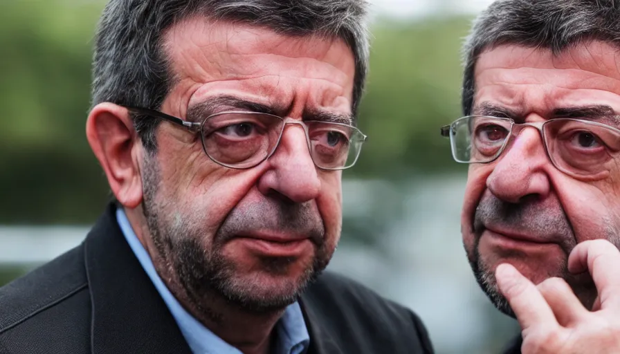 Image similar to hyper-realistic and anamorphic 2010s movie still close-up portrait of Jean-Luc Melenchon, by Paolo Sorrentino, Leica SL2 50mm, beautiful color, high quality, high textured, detailed face