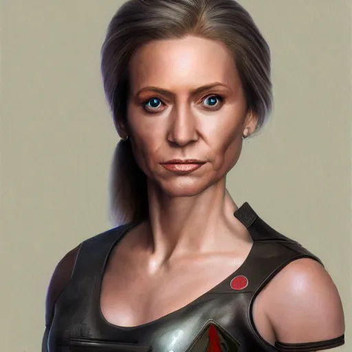 Prompt: extremely detailed portrait of the first beautiful female cyborg president of the united states of america. highly detailed lifelike photorealistic digital painting, artstation.