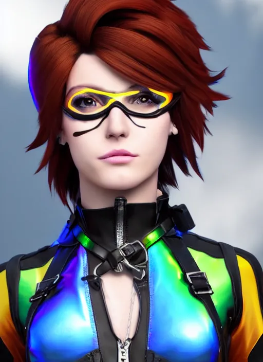 Image similar to portrait bust digital artwork of tracer overwatch, wearing iridescent rainbow latex and leather straps catsuit outfit, expressive face, makeup, in style of mark arian, angel wings, wearing detailed leather collar, chains, black leather harness, detailed face and eyes,
