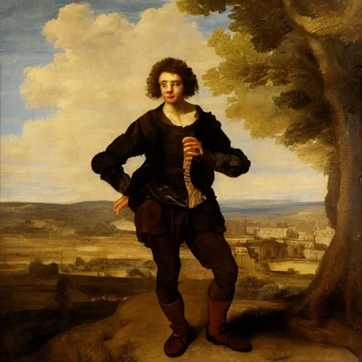 Prompt: portrait of a young gentleman in the style of valentin de boulogne, beautiful landscape in the background