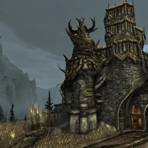 Image similar to skyrim, detailed, lighting, dragonborn, fire, mythical, tower