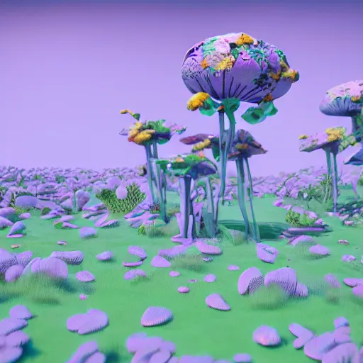 Image similar to a flowering alien landscape in the style of origami, 8 k, unreal engine, zbrush,