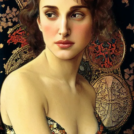 Image similar to a closeup portrait of a young natalie portman, art nouveau, jugendstil, decorative background, spirals, painted by alphonse mucha