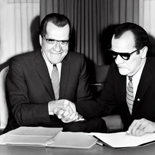 Image similar to presidential debate between waluigi and richard nixon, 1 9 6 0, still, photograph, photo, black and white