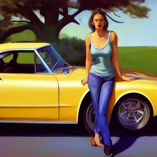 Image similar to Half body portrait with car, dated a woman that lived on Cooterneck Road, She had a catfish Camero and was cooler than me, by Edward Hopper, Bo Bartlett, and Cynthia Sheppard, Artstation