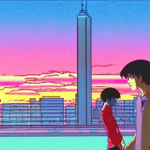 Image similar to new york sunset, sprite, vaporwave nostalgia, directed by beat takeshi, visual novel cg, 8 0 s anime vibe, kimagure orange road, maison ikkoku, sketch by osamu tezuka, directed by makoto shinkai and beat takeshi