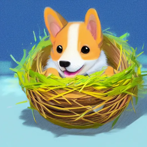 Image similar to concept art of a baby corgi hatching from an egg in a colorful nest, realistic, detailed, cel shaded, in the style of makoto shinkai and greg rutkowski and james gurney