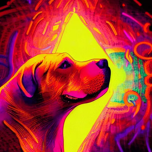 Prompt: psychedelic pit bull magic, at gentle dawn neon light, highly detailed, artistic composition, sharp focus, intricate concept art, digital painting, colorful flat surreal design, hd, 8 k, artstation, ambient lighting