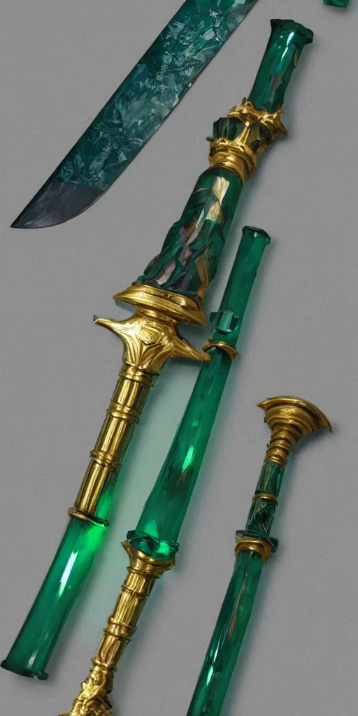 Image similar to photograph of a wide green and teal crystal sword with a big gold sword hilt