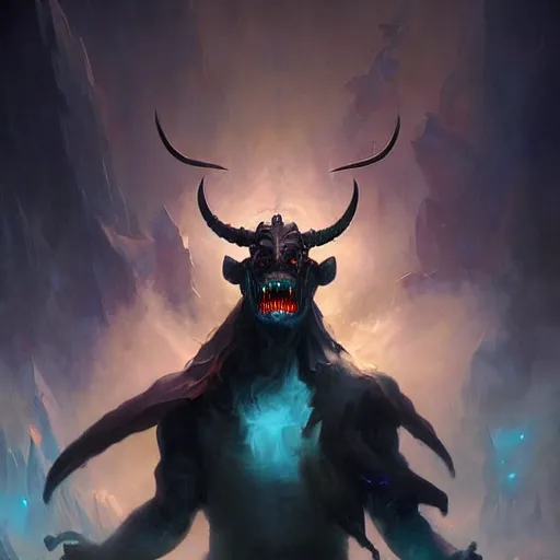 Prompt: demonic dark smiling creature with blue eyes and horns full blacked made by ivan aivazovsky, peter mohrbacher, greg rutkowski volumetric light effect broad light oil painting painting fantasy art style sci - fi art style realism premium prints available artwork unreal engine