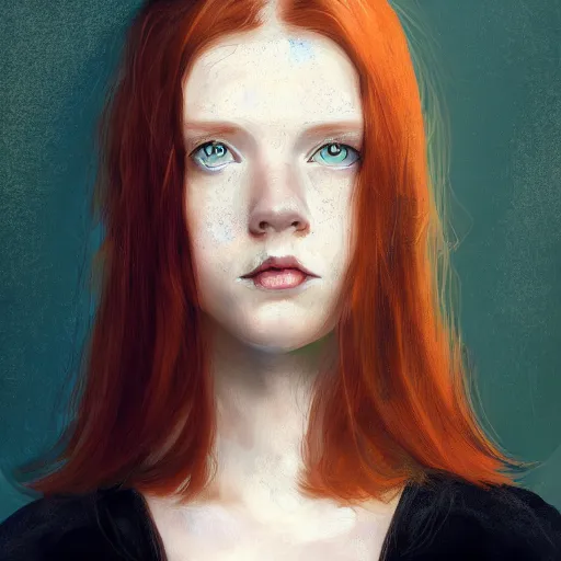 Prompt: studio portrait, a short pale ginger girl with freckles, ginger hair is middle parted, scowling, wearing a black robe, trending on art station, by wlop