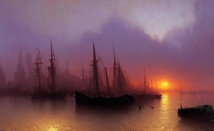 Image similar to an old harbour at dusk by greg ruthkowski and craig mullins and caspar david friedrich