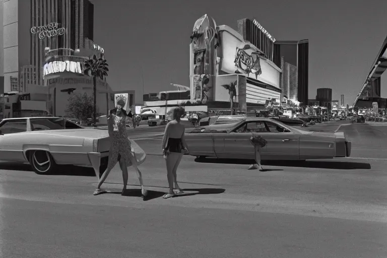 Image similar to 1 9 7 6 vegas street scene with a woman floating in the sky in the foreground, deep focus, intricate, elegant, highly detailed, matte, sharp focus, photography of gregory crewdson