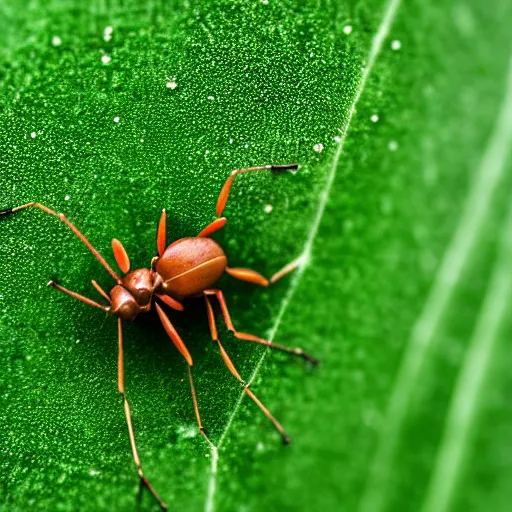 Image similar to cybernetic ant on a green leaf, macro photography, 8 k, cinematic lighting, shallow depth of field,