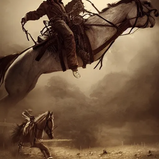 Image similar to a last stand of a cowboy, DeviantArt, art station, illustration, highly detailed, artwork, cinematic, hyper realistic