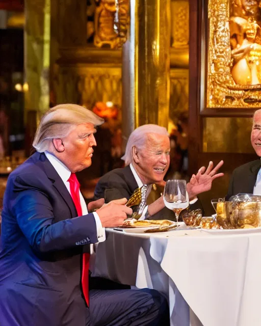 Image similar to Trump and Biden having dinner at a fancy Balinese restaurant, award winning photography, 85mm, perfect faces