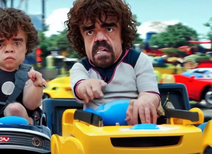 Image similar to peter dinklage racing gary coleman driving a little tikes cars in japan, movie still, from the new fast and furious movie, 8 k, realistic