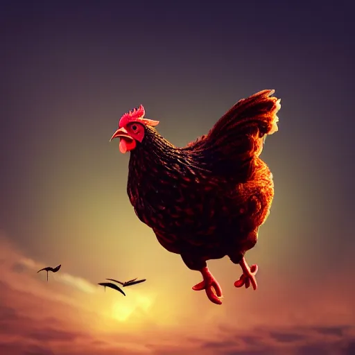 Prompt: a chicken learning to fly, HD highly detailed, ultra realistic, sunset lighting, trending on artstation