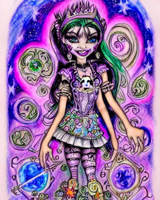 Prompt: josephine wall watercolor pencil drawing of a monster high universe clawdeen wolf fullmoon, stars, sigils and doodles around her, doodles of chibi jesters