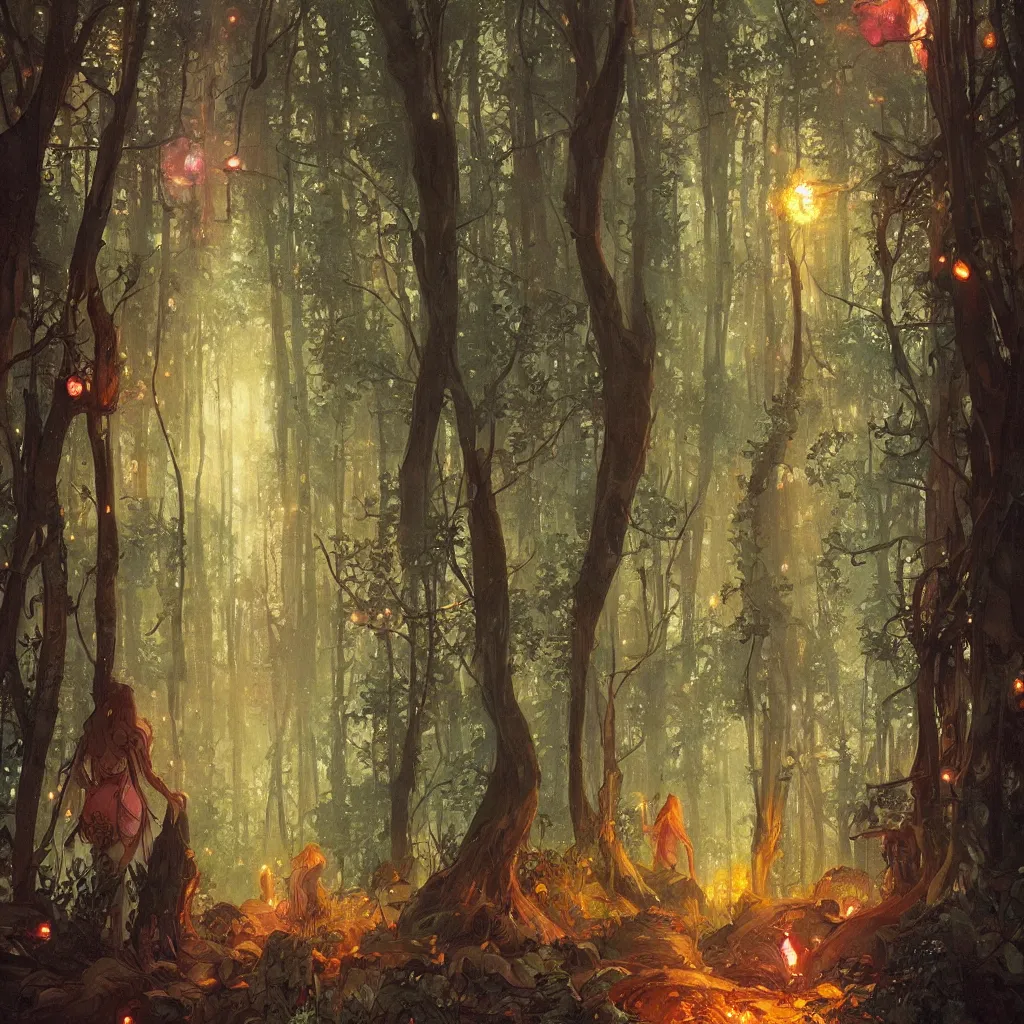 Image similar to forest, overdetailed art, by greg rutkowski, by alfons mucha, complementing colors, magic, colorful lights, fireflies, detailed illustration, wizard