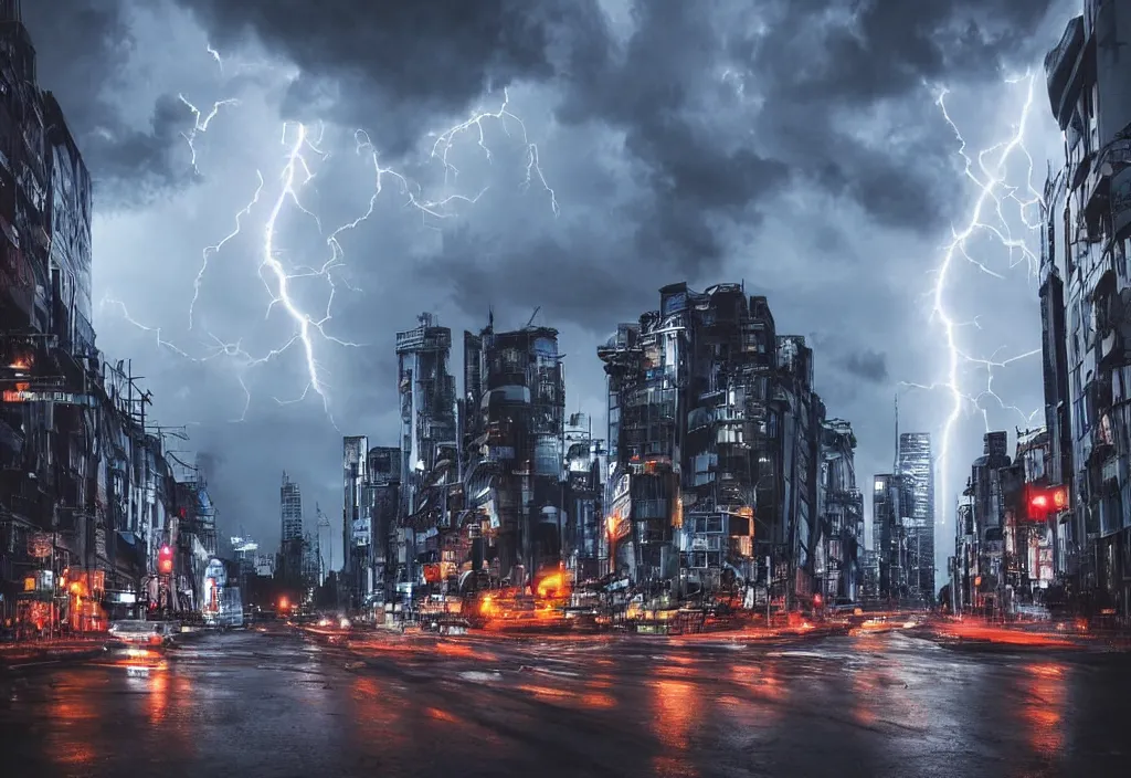 Prompt: futuristic cityscapes at rainy day, cinematic lightning, dramatic, clouds, sky, the time of day is dusk, highly detailed, professional award winning photograph,