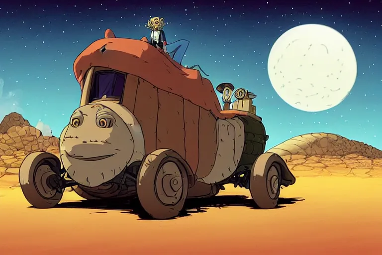 Image similar to a cell shaded cartoon of a lovecraftian turtle stage coach from howl's moving castle ( 2 0 0 4 ), on a desert road, in front of a full moon, full body, wide shot, very muted colors, post grunge, studio ghibli, laurie greasley, highly detailed, deviantart, art by artgem