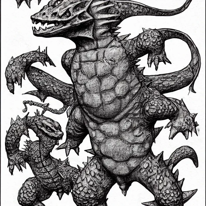 Image similar to charmander as a d & d monster, full body, pen - and - ink illustration, etching, by russ nicholson, david a trampier, larry elmore, 1 9 8 1, hq scan, intricate details, inside stylized border