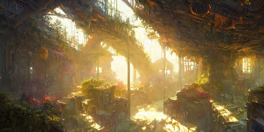 Image similar to a fantasy solarpunk building interior, landscape illustration by greg rutkowski, bright sunlight, sun glints, vivid and colorful trees and plants and flowers, smooth digital concept art, 4 k, trending on artstation