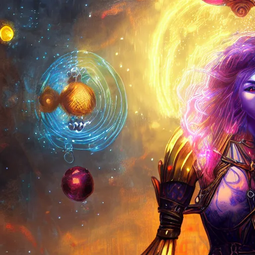 Prompt: Path of Exile, Maven, female image with purple hair among colourful lights, dark blue spheres fly around, Anachronism, painting, dark fantasy, steampunk, 4k,