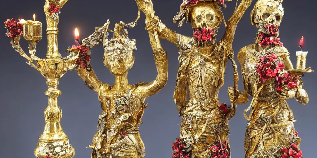 Prompt: intricate statue with gold and silver leafs, skulls, candles and red crystals, by Andres Rios, H 576