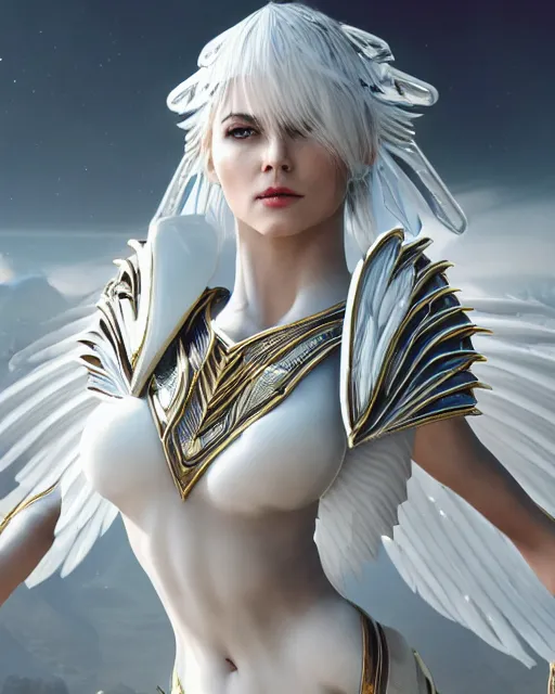 Image similar to perfect white haired egyptian goddess wearing white dove wings, warframe armor, regal, attractive, ornate, sultry, beautiful, charlize theron, half asian, pretty face, blue eyes, illuminated, scifi platform, 4 k, ultra realistic, epic lighting, cinematic, masterpiece, art by akihito tsukushi, voidstar, trending on artstation