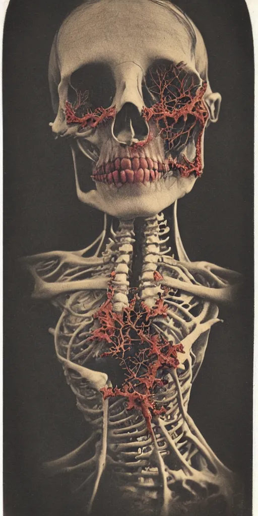 Image similar to an 1 9 1 0 polaroid photography of a very sad and detailed rotten woman corpse with fractal coral reefs and ornate growing around her face muscles, veins, arteries, bones, anatomical, skull, eye, ears, full body, intricate, surreal, ray caesar, john constable, guy denning, dan hillier, black and white