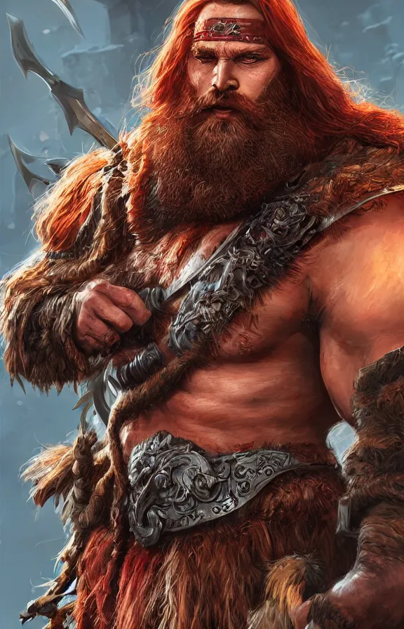 Image similar to an concept art of the barbarian bearded king, red hair, one eye, intricate details, detailed face, detailed armour, artstation, epic pose, ambient light, by david villegas