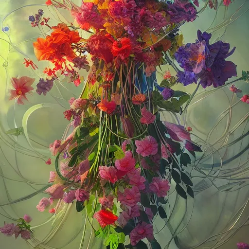 Prompt: a huge group of colorful flowers, entangled foliage, very large transparent blossoms, light and strong shadow, mystically glowing, vivid, detailed painting, by Ross Tran and James Jean and Dan Santat, masterpiece, award winning painting