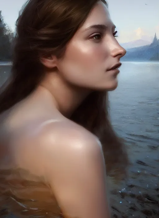 Image similar to cinematic shot of an epic portrait of a gentle girl by the lake, shiny skin, beautiful eyes, beautiful, small details, night setting, realistic poster with volumetric light from craig mallism, artgerm, jeremy lipkin and michael garmash, unreal engine, radiant light, detailed and complex environment, digital art, trends at art station
