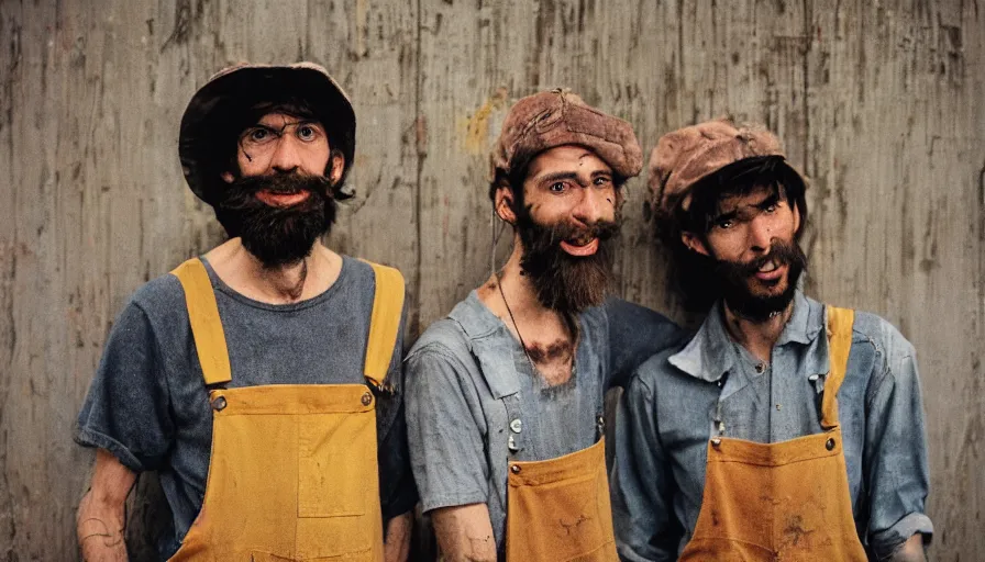 Prompt: far view, extremely skinny malnourished mario and luigi with long beard, wearing dirty overalls, dirty greasy face, grin, portrait, close up, kodak gold 2 0 0, 5 0 mm,