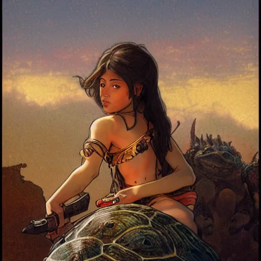 Image similar to a little warrior girl sitting on top of a giant turtle that is walking in the desert, seen from a distance. the girl is fully visible and has dark skin and beautiful green eyes, realistic full body and a very beautiful detailed face with long black hair. diffuse light, dramatic sky and landscape, fantasy illustration by mucha h 7 6 8