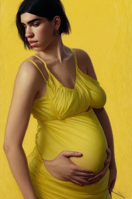 Image similar to pregnant dua lipa in a yellow dress, realistic portrait, symmetrical, highly detailed, digital painting, artstation, concept art, smooth, sharp focus, illustration, cinematic lighting, art by artgerm and greg rutkowski and alphonse mucha