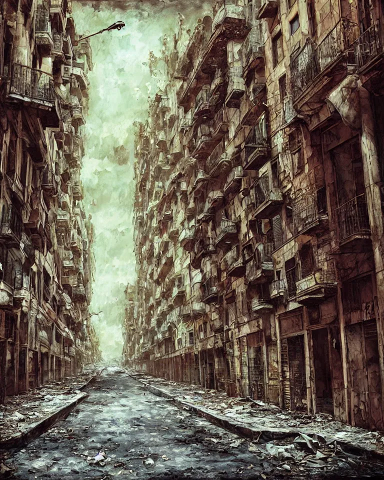 Prompt: abandoned streets of Barcelona, post-apocalyptic painting, cosmic horror