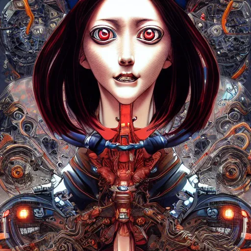 Prompt: portrait of crazy alita, symmetrical, by yoichi hatakenaka, masamune shirow, josan gonzales and dan mumford, ayami kojima, takato yamamoto, barclay shaw, karol bak, yukito kishiro