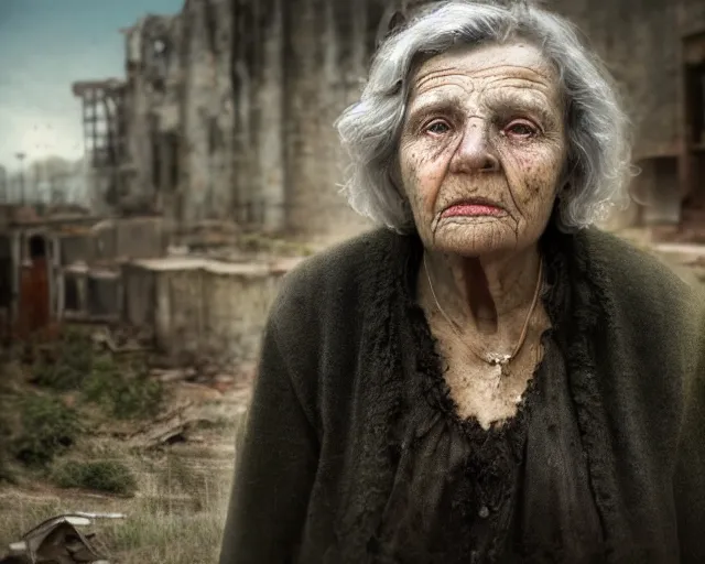 Prompt: close up portrait of an old woman with sinister face and dirty clothes standing outside of an abandoned city ruins, city ruins in the background, bokeh, depth of field, dramatic lighting, cinematic, vivid colors, matte painting, digital painting style, John Atkinson Grimshaw color scheme