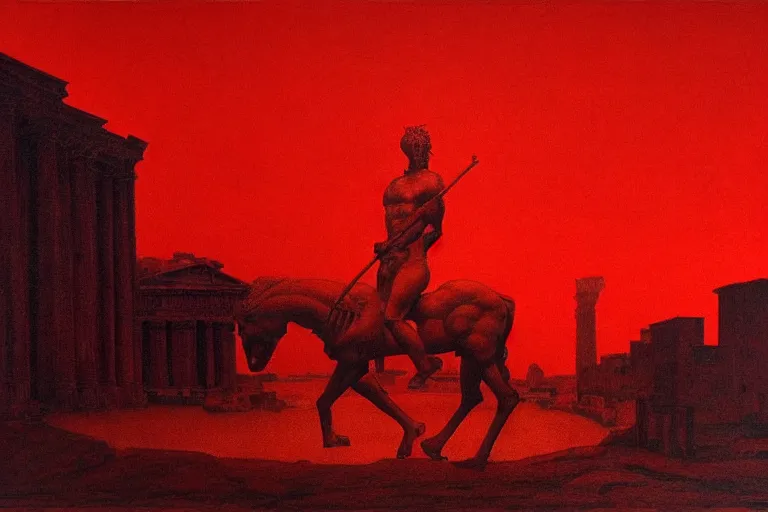 Image similar to only with red, caesar after war, a red tiger, in hoc signo vinces, rome in background, an ancient path, in the style of beksinski, part by hopper, part by rodcenko, part by hofbauer, intricate composition, red by caravaggio, insanely quality, highly detailed, masterpiece, red light, artstation