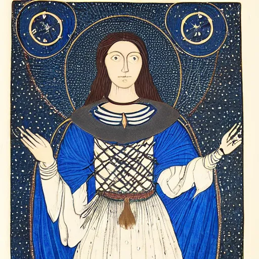 Prompt: melancholic medieval by paul laffoley, by jerry siegel. a computer art of a woman with wings made of stars, surrounded by a blue & white night sky. the woman is holding a staff in one hand, & a star in the other. she is wearing a billowing dress, & her hair is blowing in the wind.